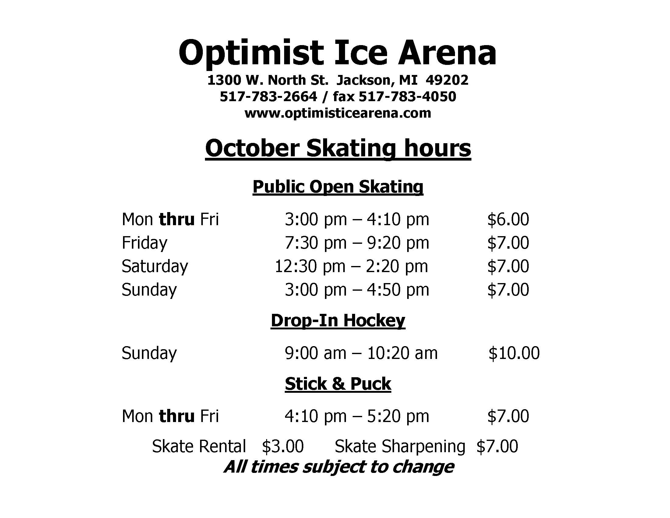 October 2019 skating times