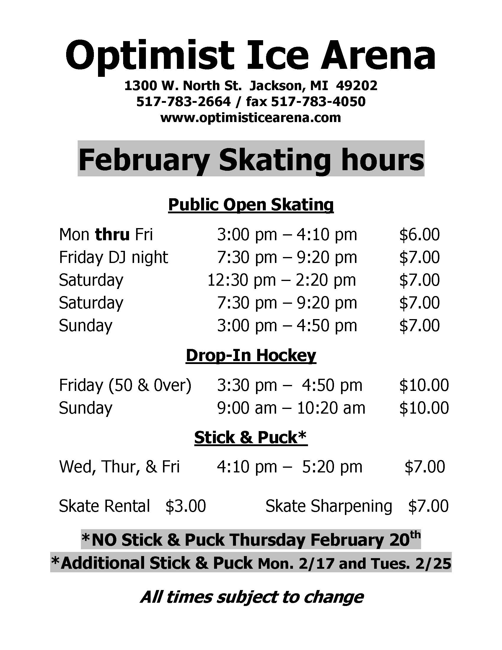February 2020 skating times a February 2020 skating times a