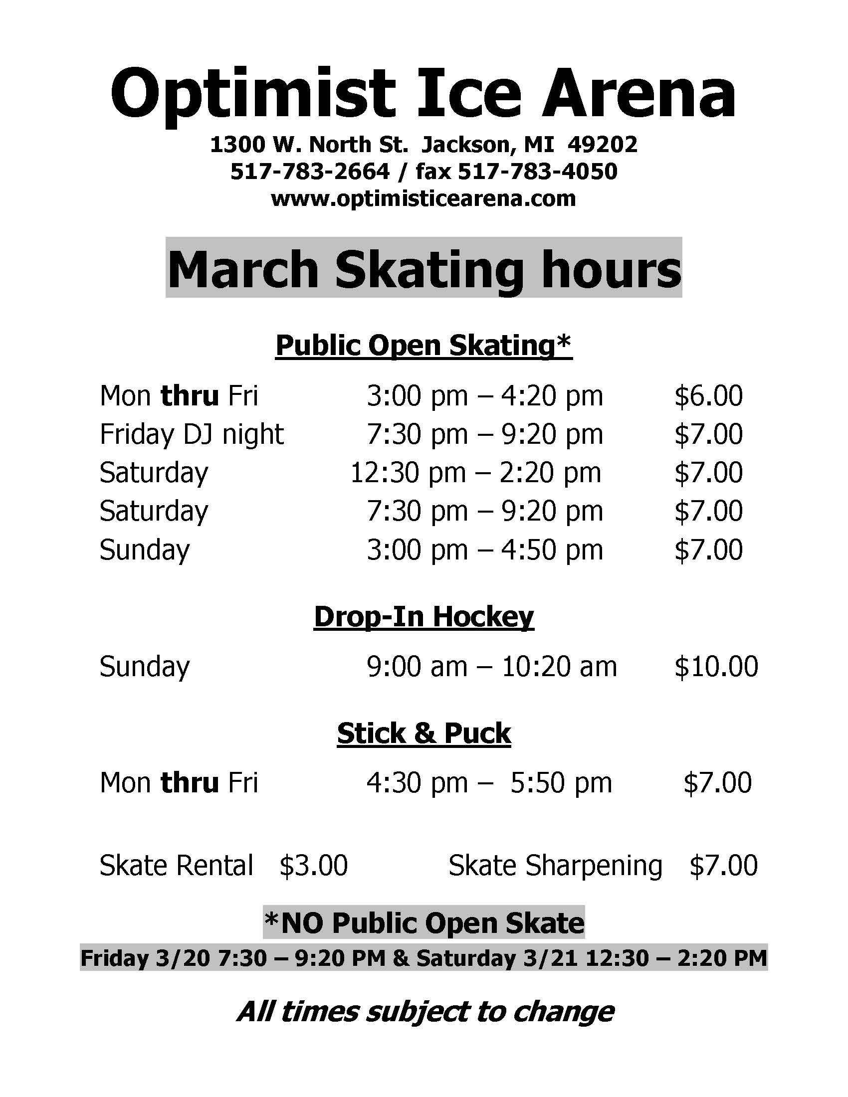 March 2020 skating times March 2020 skating times