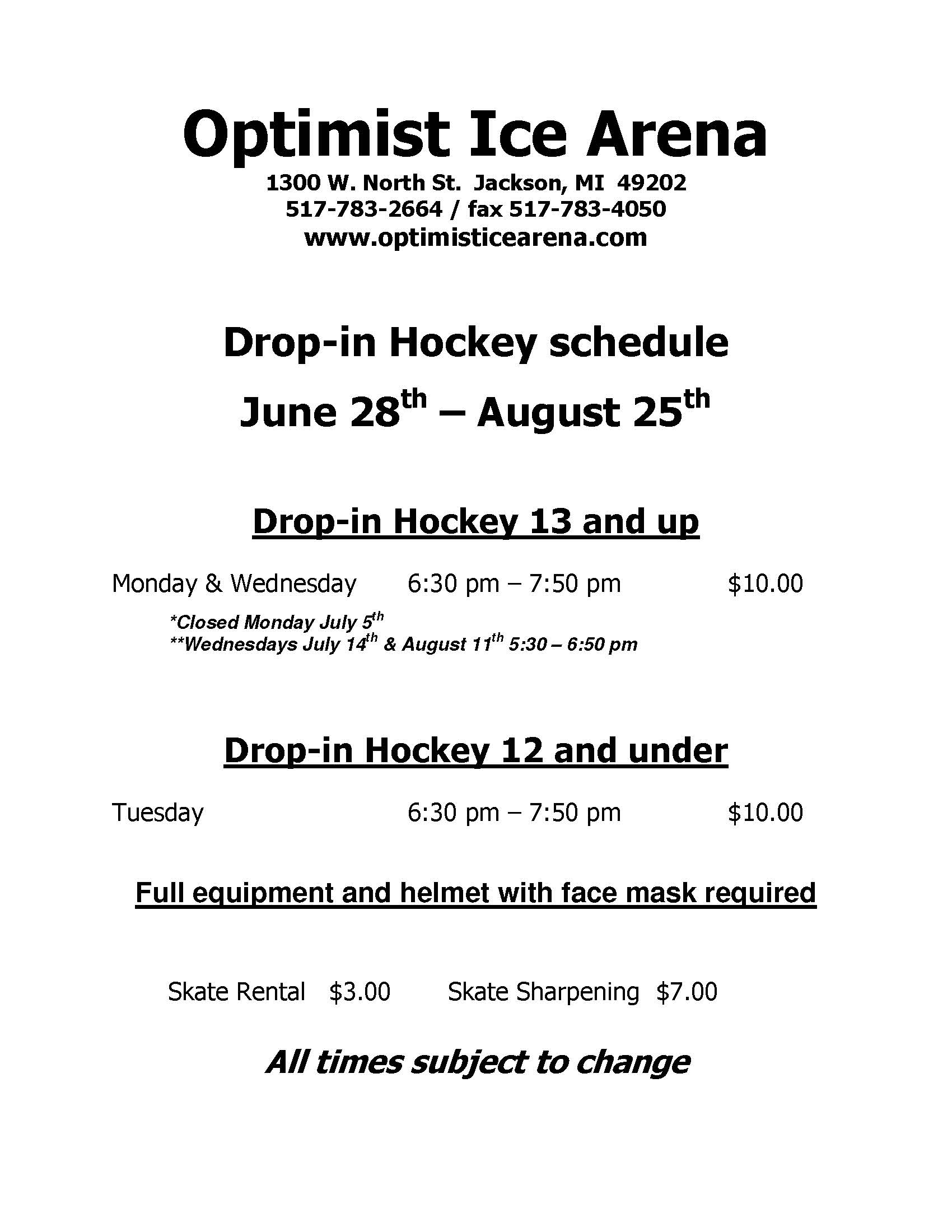 Arena summer Drop in Hockey 21