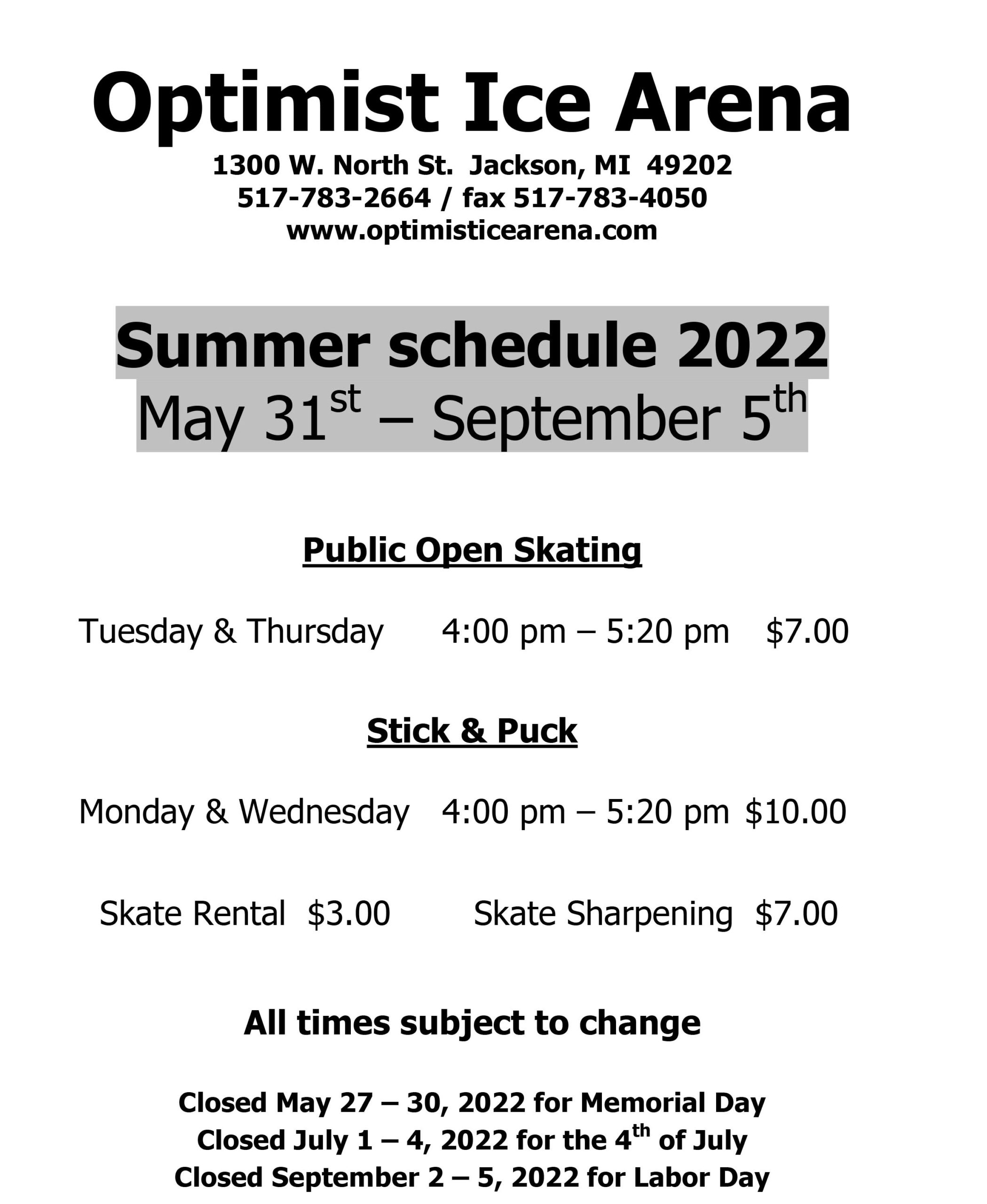 Summer Skating Schedule Posted