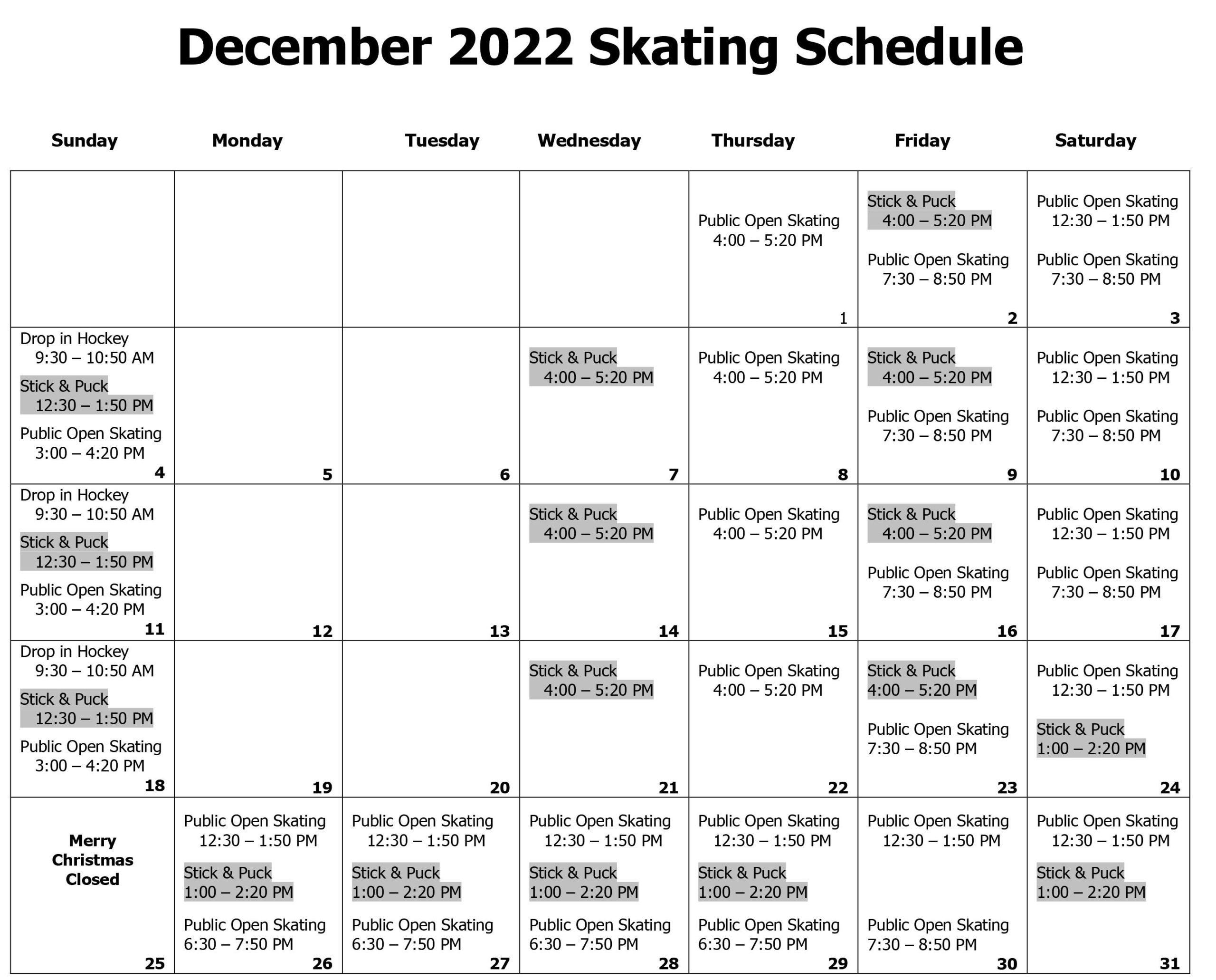 December & Learn to Skate Schedule Posted