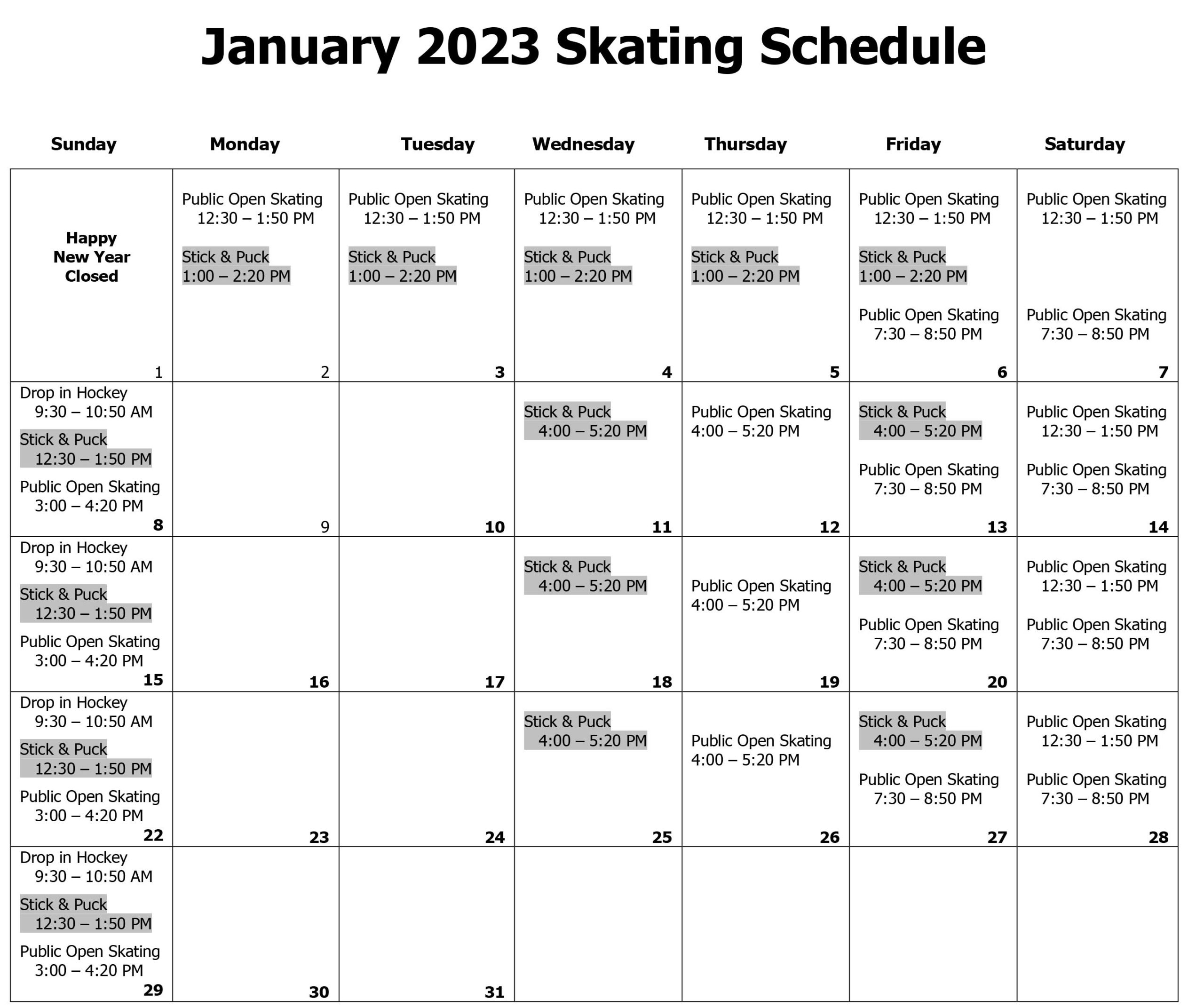January Rink Schedule Posted