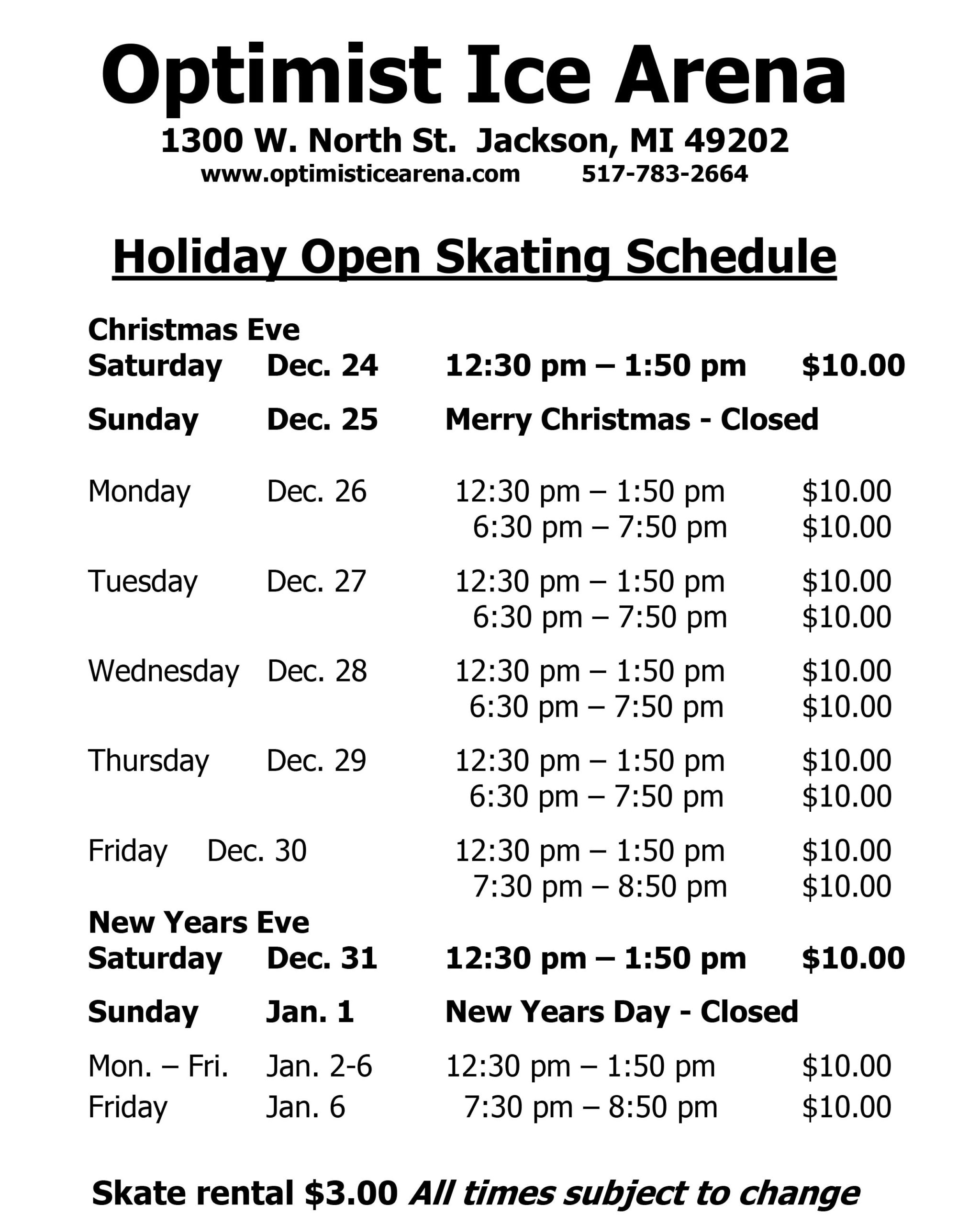 Holiday Skating Sessions Announced