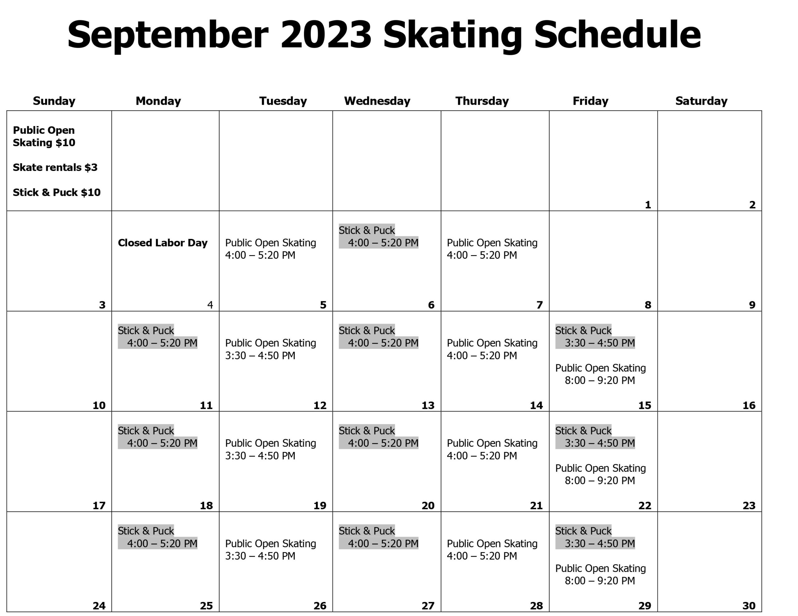 September Skating Schedule Posted